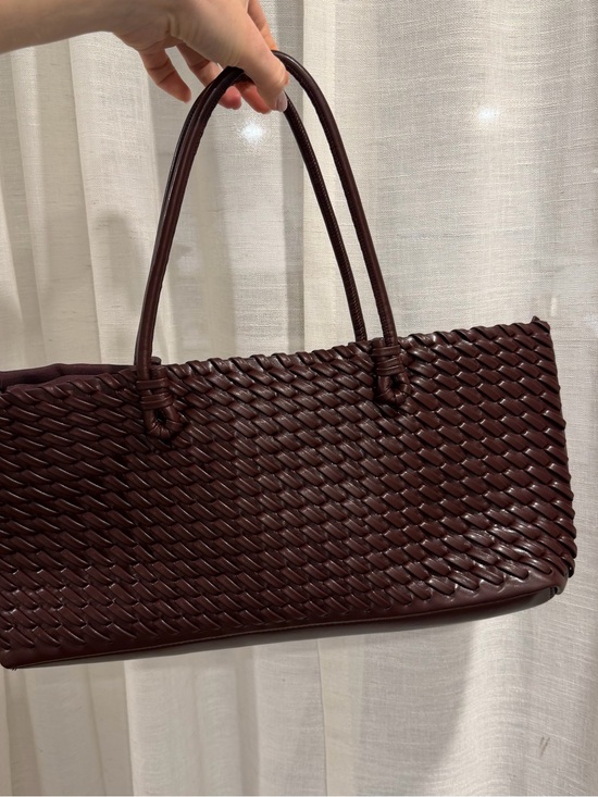 Handbags - Woven Vegan Leather Shoulder Tote in Deep Burgundy